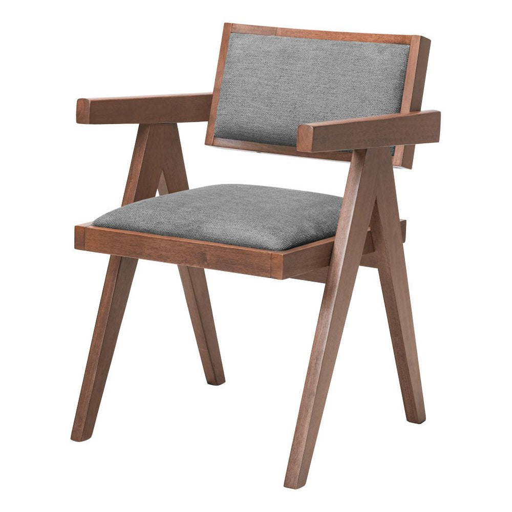 Set of Two Gray And Walnut Upholstery And Solid Wood Open Back Dining Arm Chairs