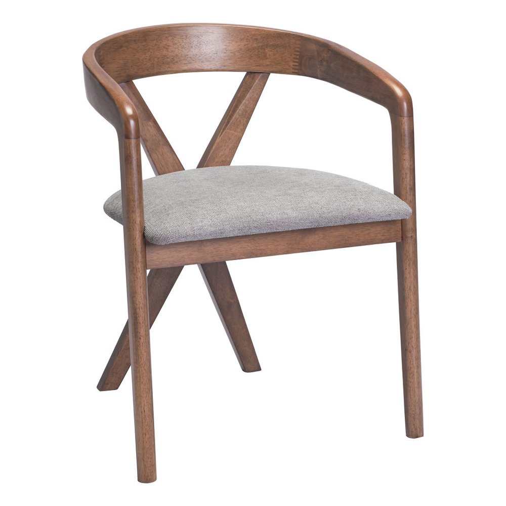 Gray And Walnut Upholstery And Solid Wood Cross Back Dining Arm Chair