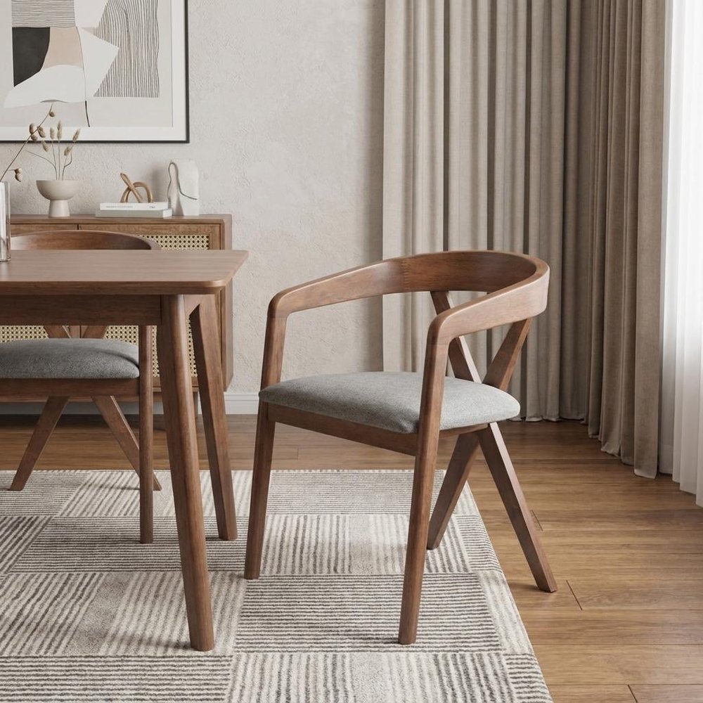 Gray And Walnut Upholstery And Solid Wood Cross Back Dining Arm Chair