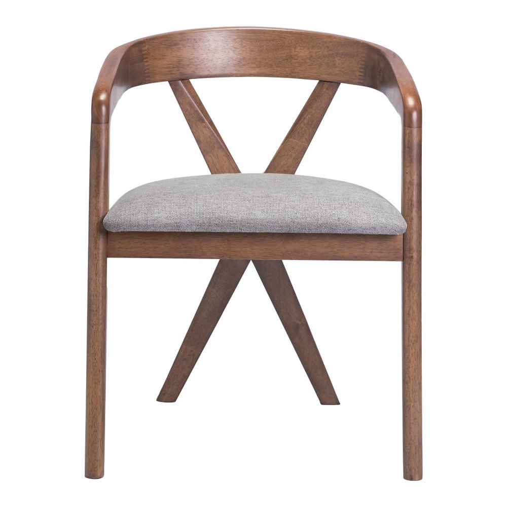 Gray And Walnut Upholstery And Solid Wood Cross Back Dining Arm Chair