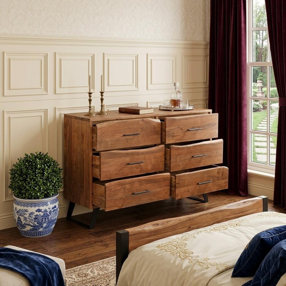 60" Natural Live Edge Solid Wood Six Drawer Double Dresser