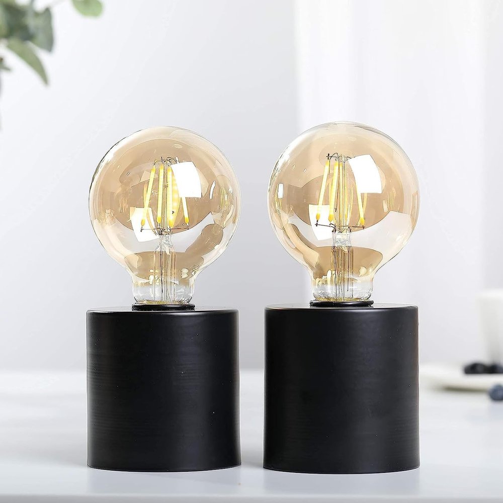 Set of Two 7" Black Cylinder Battery Powered Table Lamps
