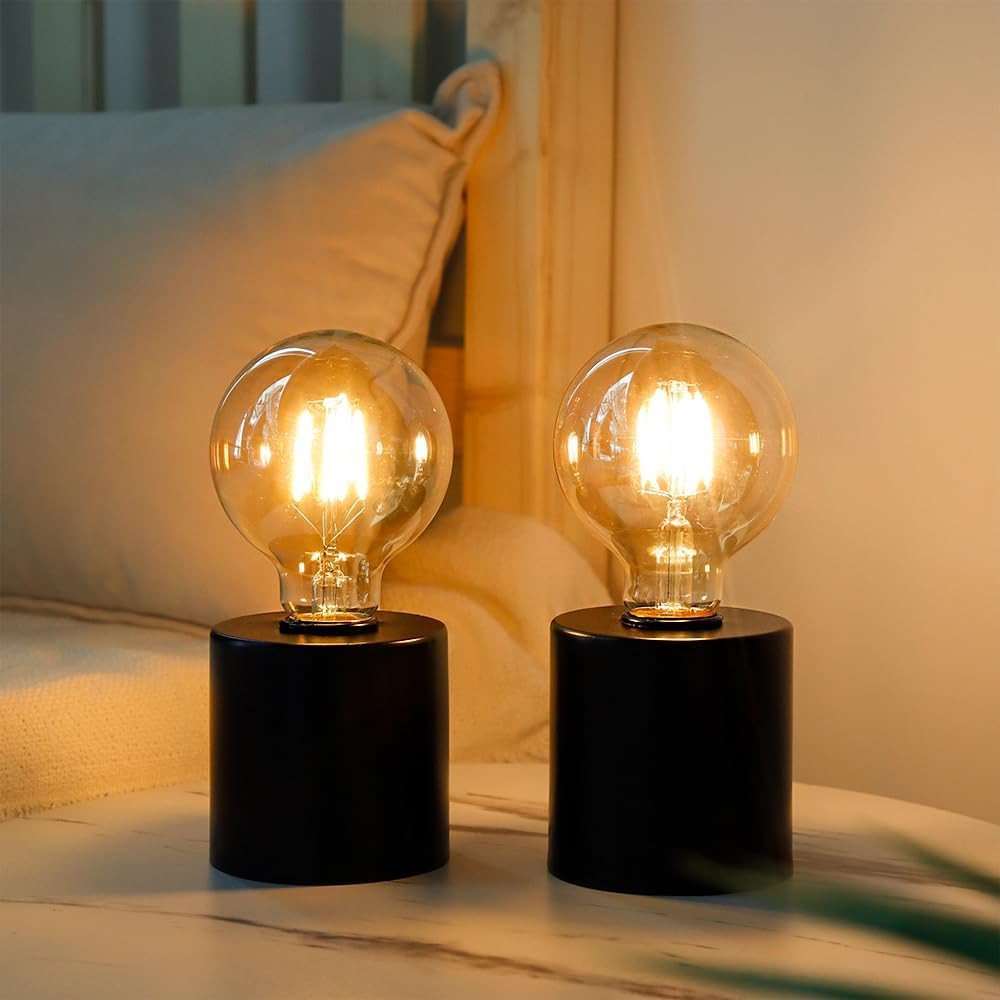 Set of Two 7" Black Cylinder Battery Powered Table Lamps