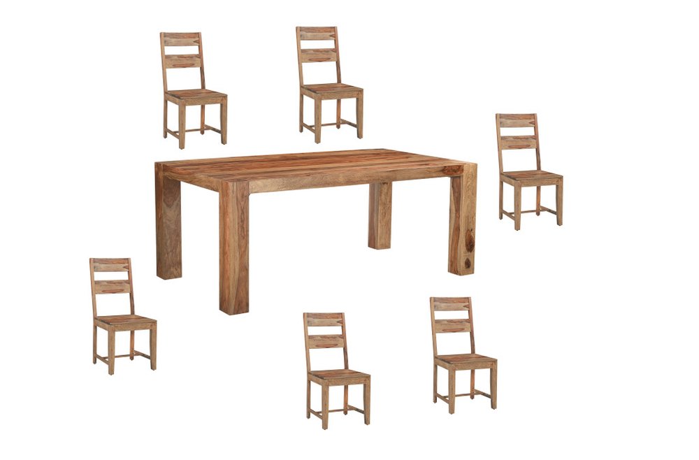 Seven Piece Brown Solid Wood Dining Set with Six Chairs