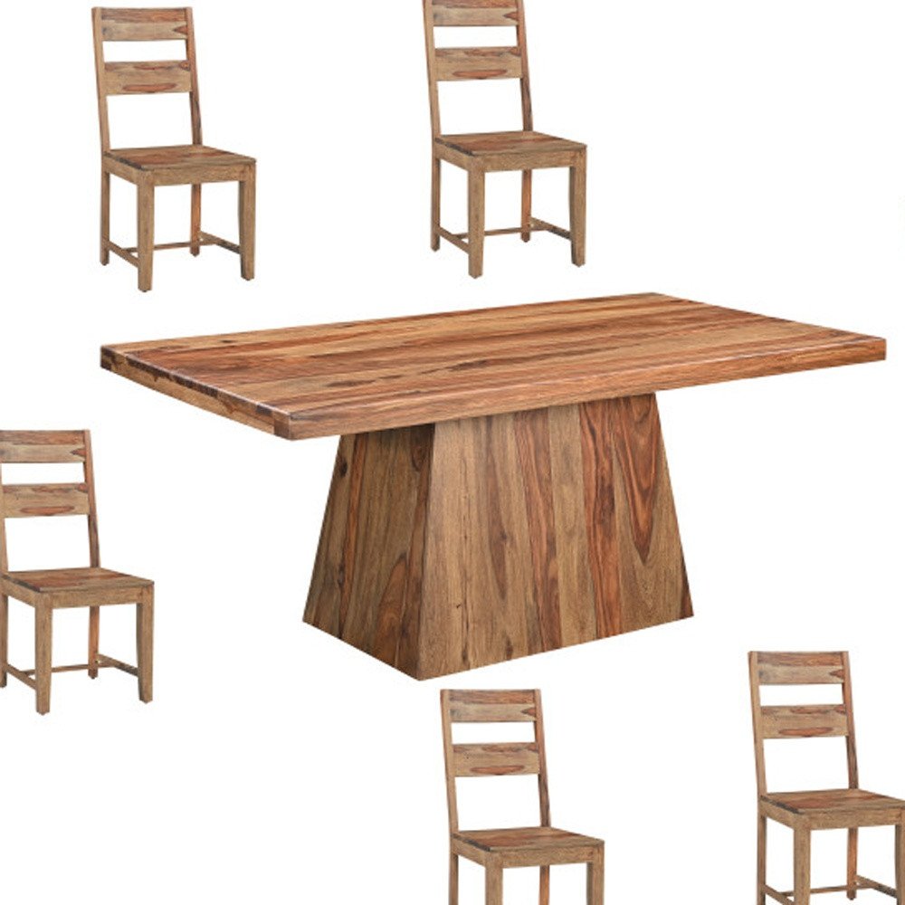 Seven Piece Brown Solid Wood Dining Set with Six Chairs