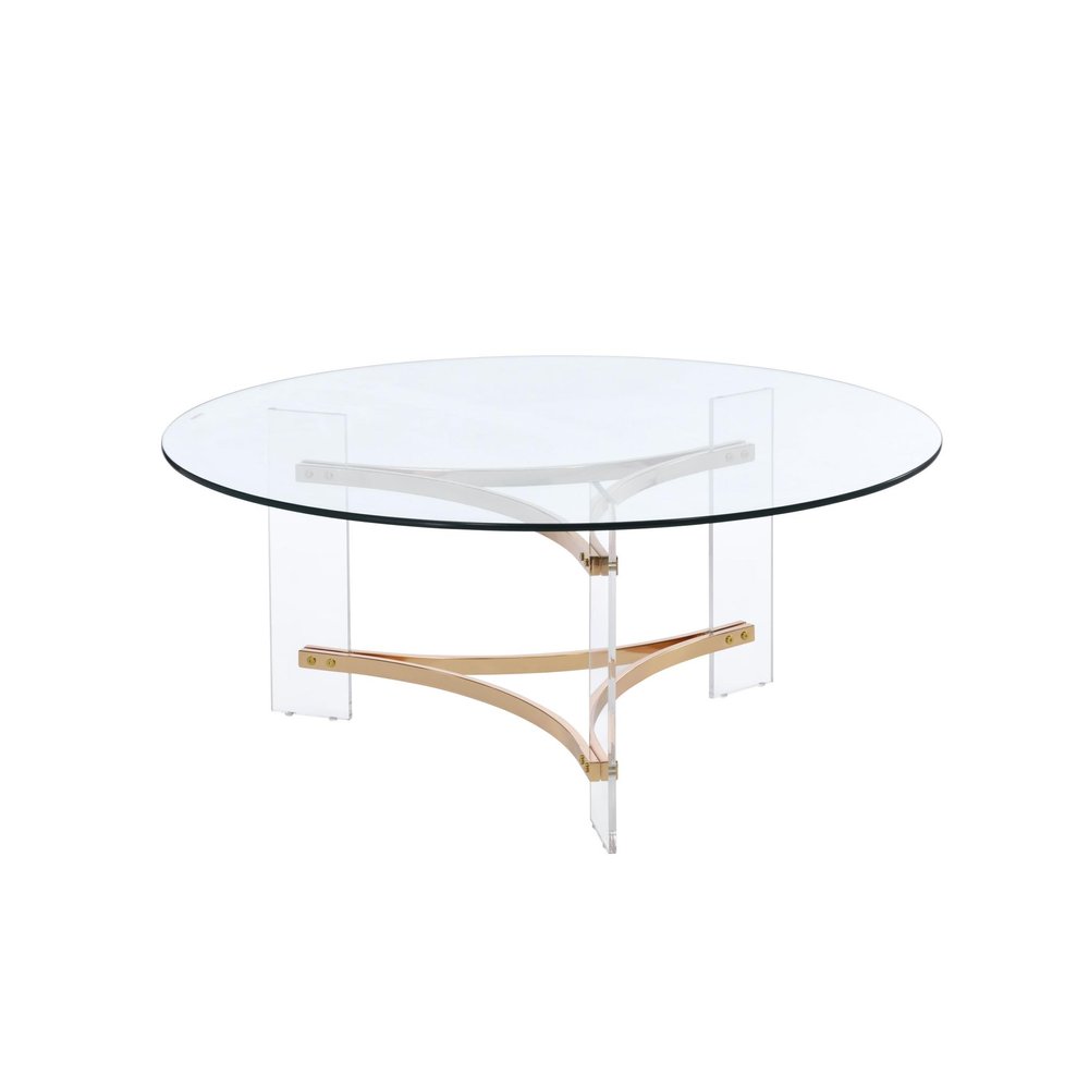 41" Clear and Gold Glass Acrylic and Brass Round Coffee Table