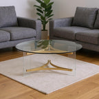 41" Clear and Gold Glass Acrylic and Brass Round Coffee Table