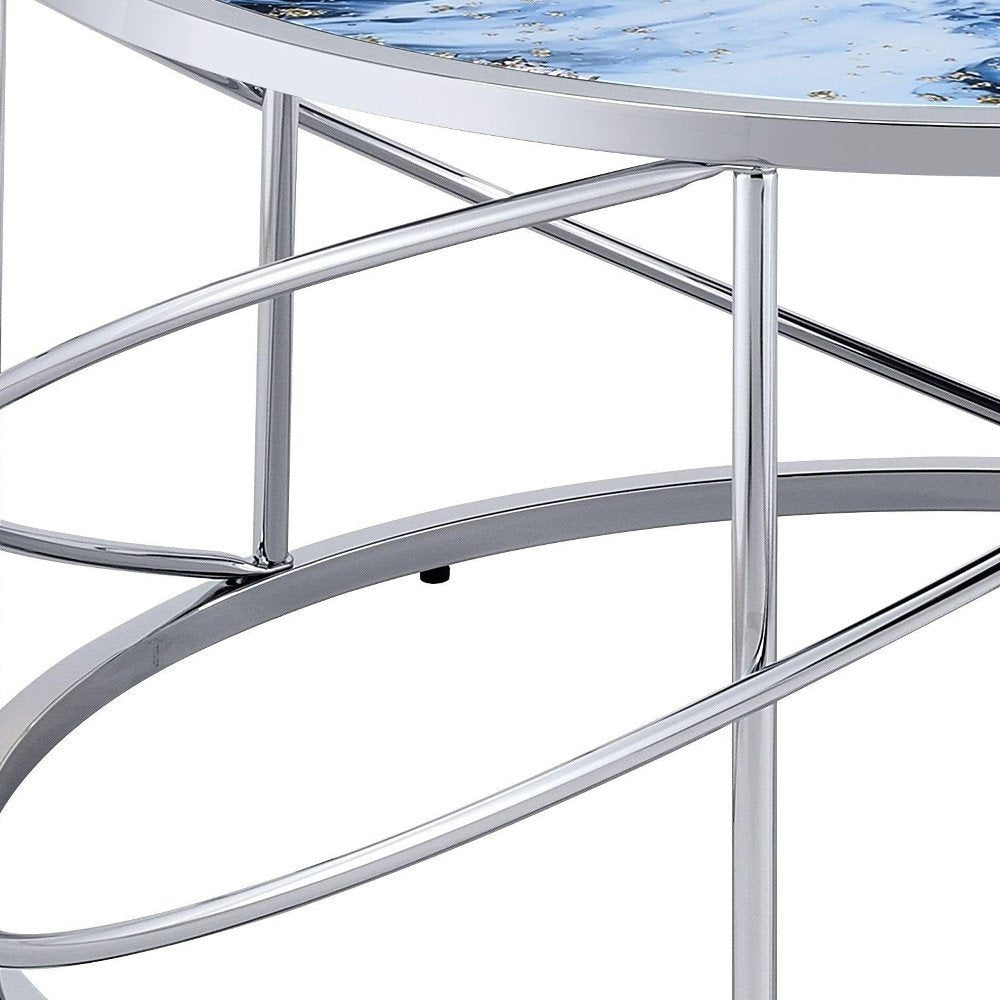 33" Blue and Silver Wood and Iron Faux Marble Geometric Frame Round Coffee Table