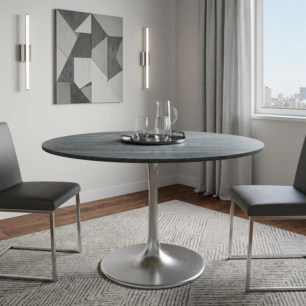 48" Gray and Silver Marble and Aluminum Pedestal Base Round Top Dining Table