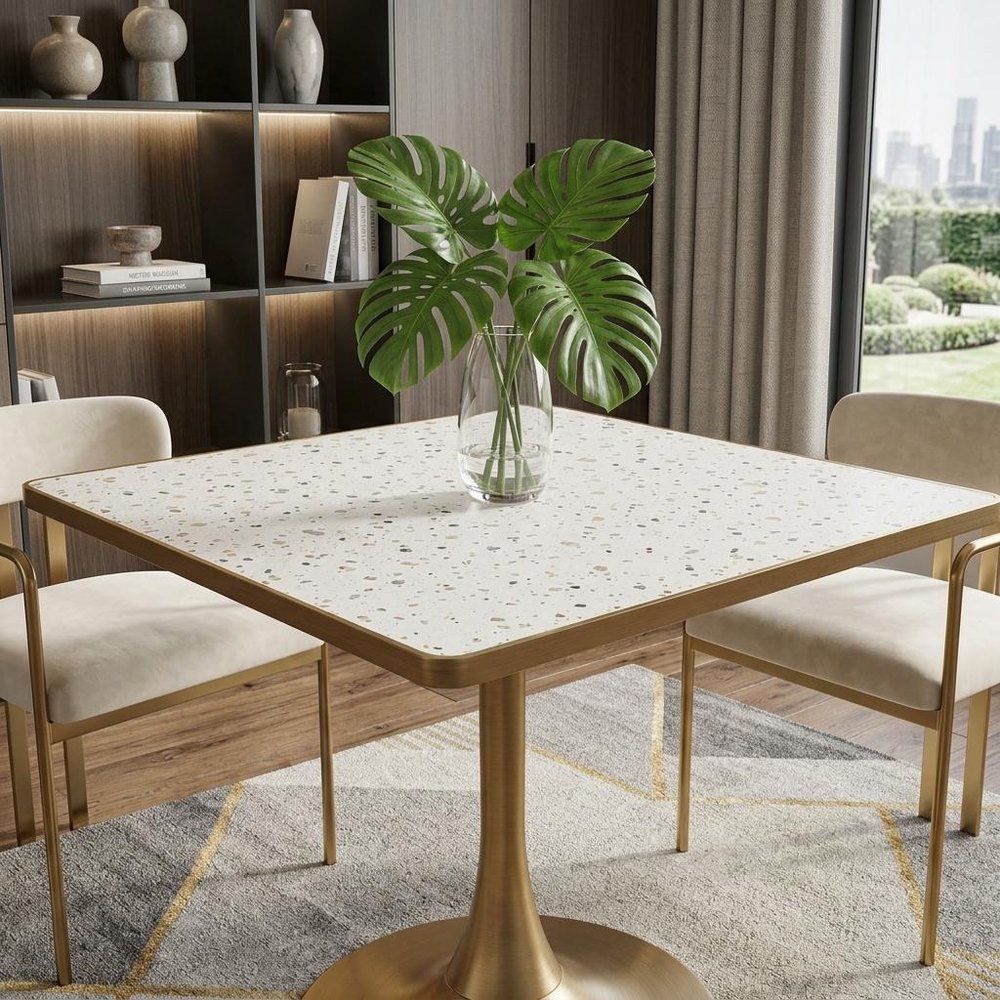 24" Beige and Gold Wood and Steel Pedestal Base Square Dining Table