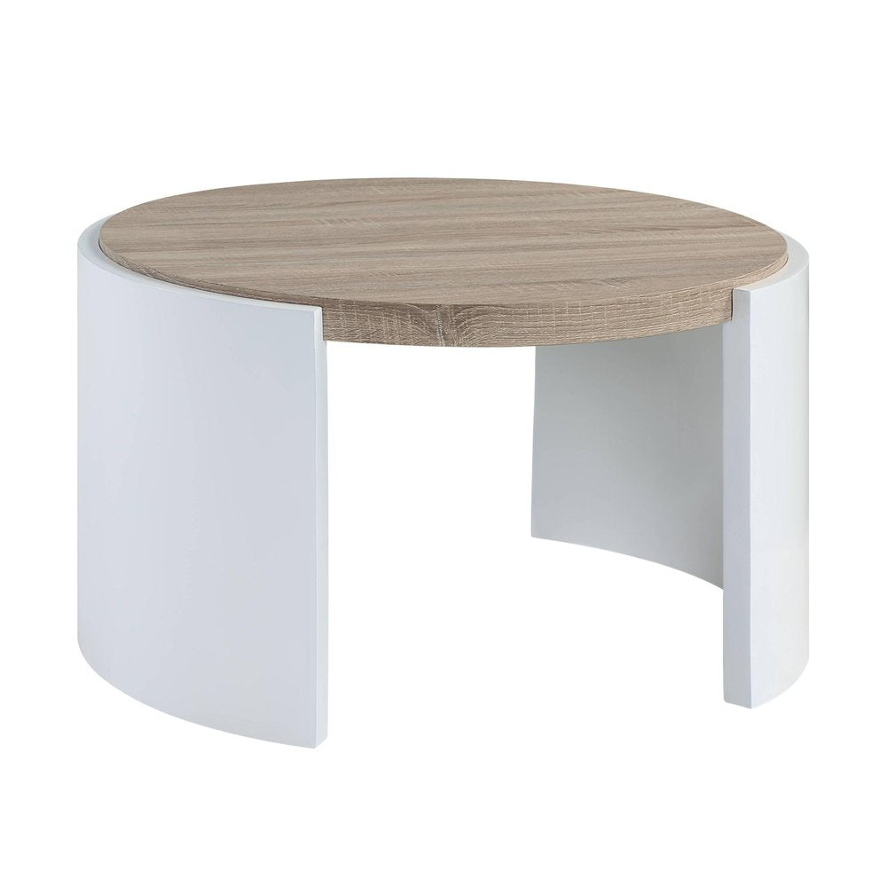 33" Oak and White Wood Round Partial Frame Coffee Table
