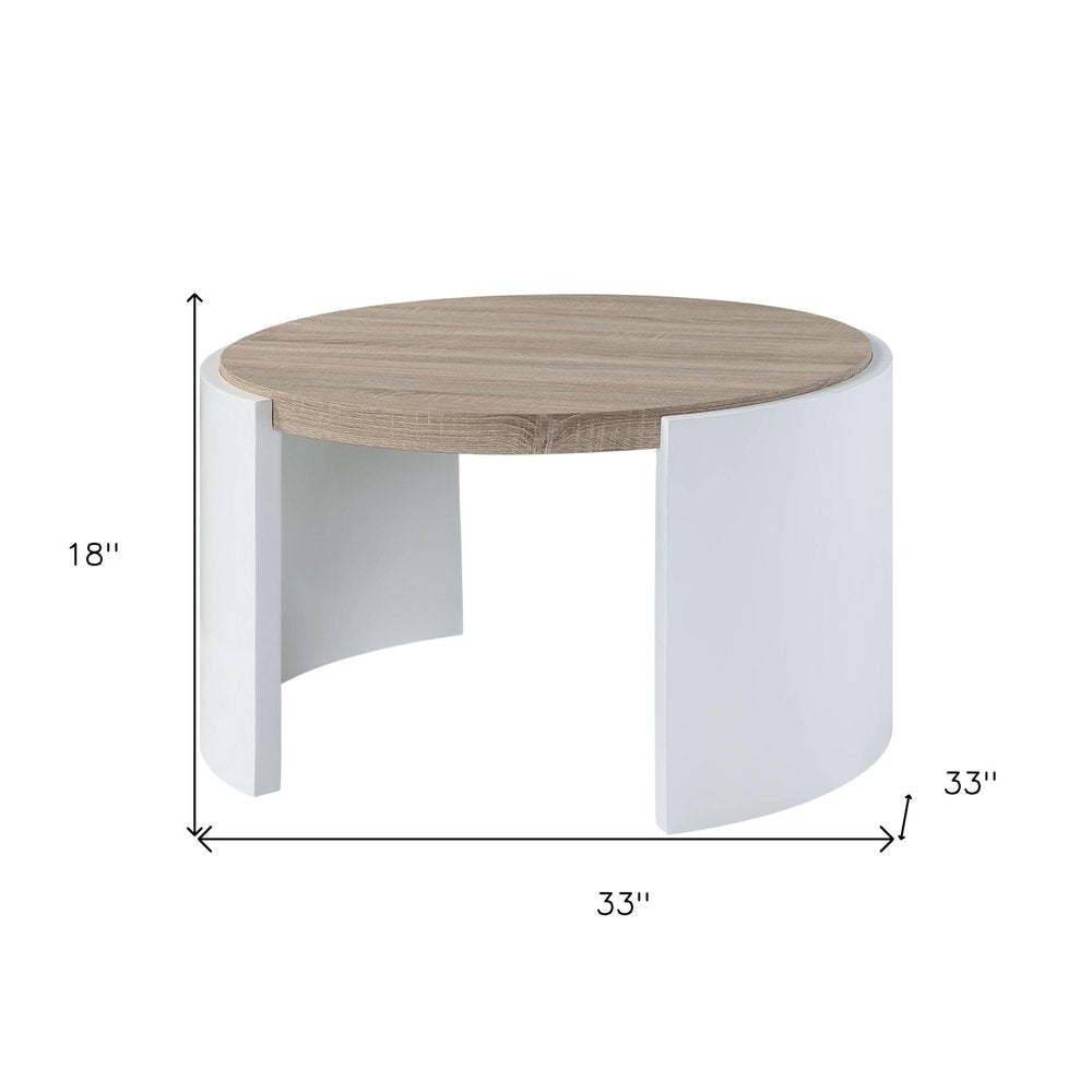 33" Oak and White Wood Round Partial Frame Coffee Table