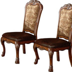 Set of Two Dark Brown Beige And Oak Fabric And Faux Leather And Wood Floral Print Dining Side Chairs