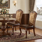 Set of Two Dark Brown Beige And Oak Fabric And Faux Leather And Wood Floral Print Dining Side Chairs