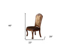 Set of Two Dark Brown Beige And Oak Fabric And Faux Leather And Wood Floral Print Dining Side Chairs