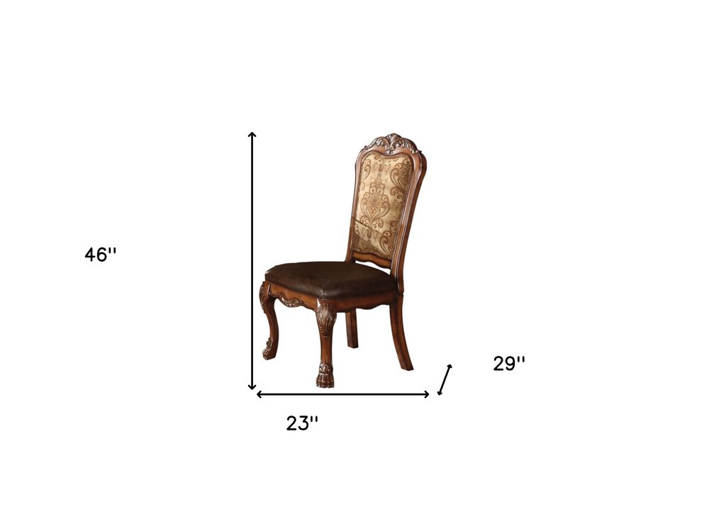 Set of Two Dark Brown Beige And Oak Fabric And Faux Leather And Wood Floral Print Dining Side Chairs