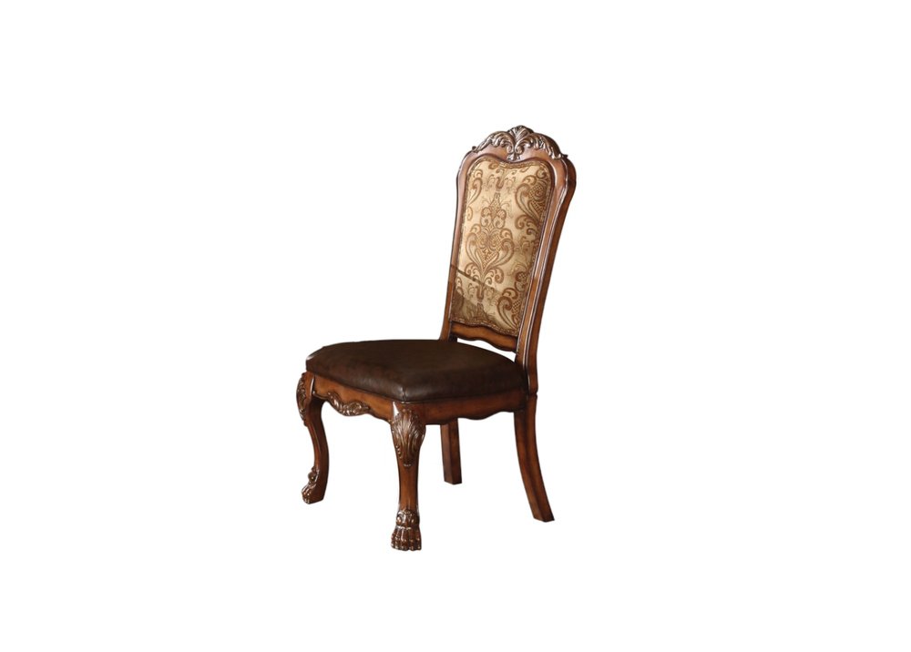 Set of Two Dark Brown Beige And Oak Fabric And Faux Leather And Wood Floral Print Dining Side Chairs