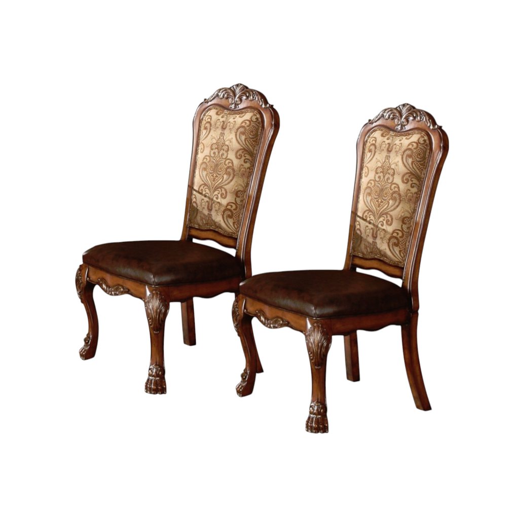 Set of Two Dark Brown Beige And Oak Fabric And Faux Leather And Wood Floral Print Dining Side Chairs