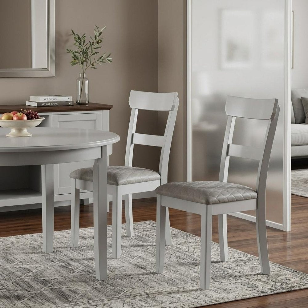 Set of Two Gray Tufted Fabric And Solid Wood Ladder Back Dining Side Chairs