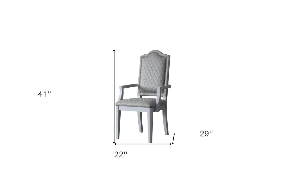 Set of Two Gray Tufted Fabric And Solid Wood Dining Arm Chairs