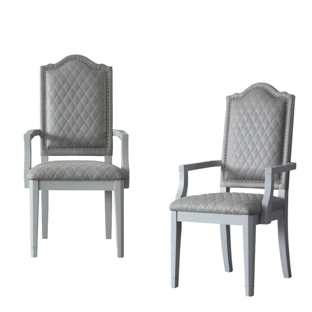 Set of Two Gray Tufted Fabric And Solid Wood Dining Arm Chairs