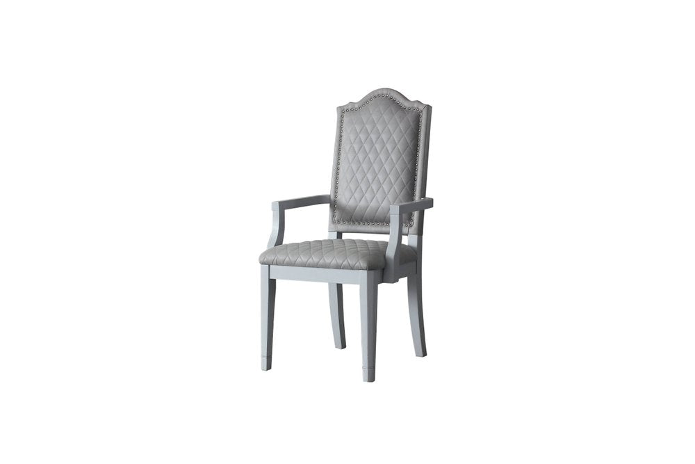 Set of Two Gray Tufted Fabric And Solid Wood Dining Arm Chairs