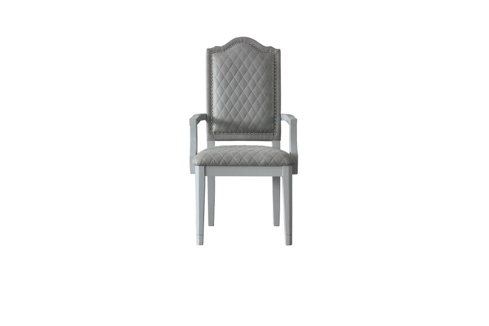 Set of Two Gray Tufted Fabric And Solid Wood Dining Arm Chairs