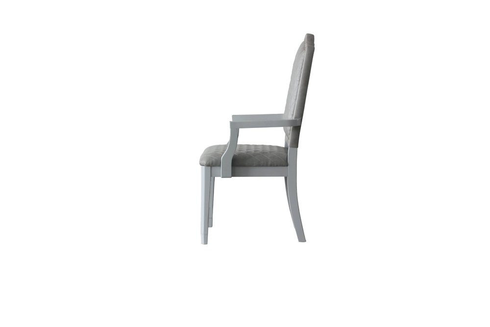Set of Two Gray Tufted Fabric And Solid Wood Dining Arm Chairs