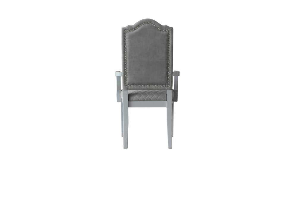 Set of Two Gray Tufted Fabric And Solid Wood Dining Arm Chairs