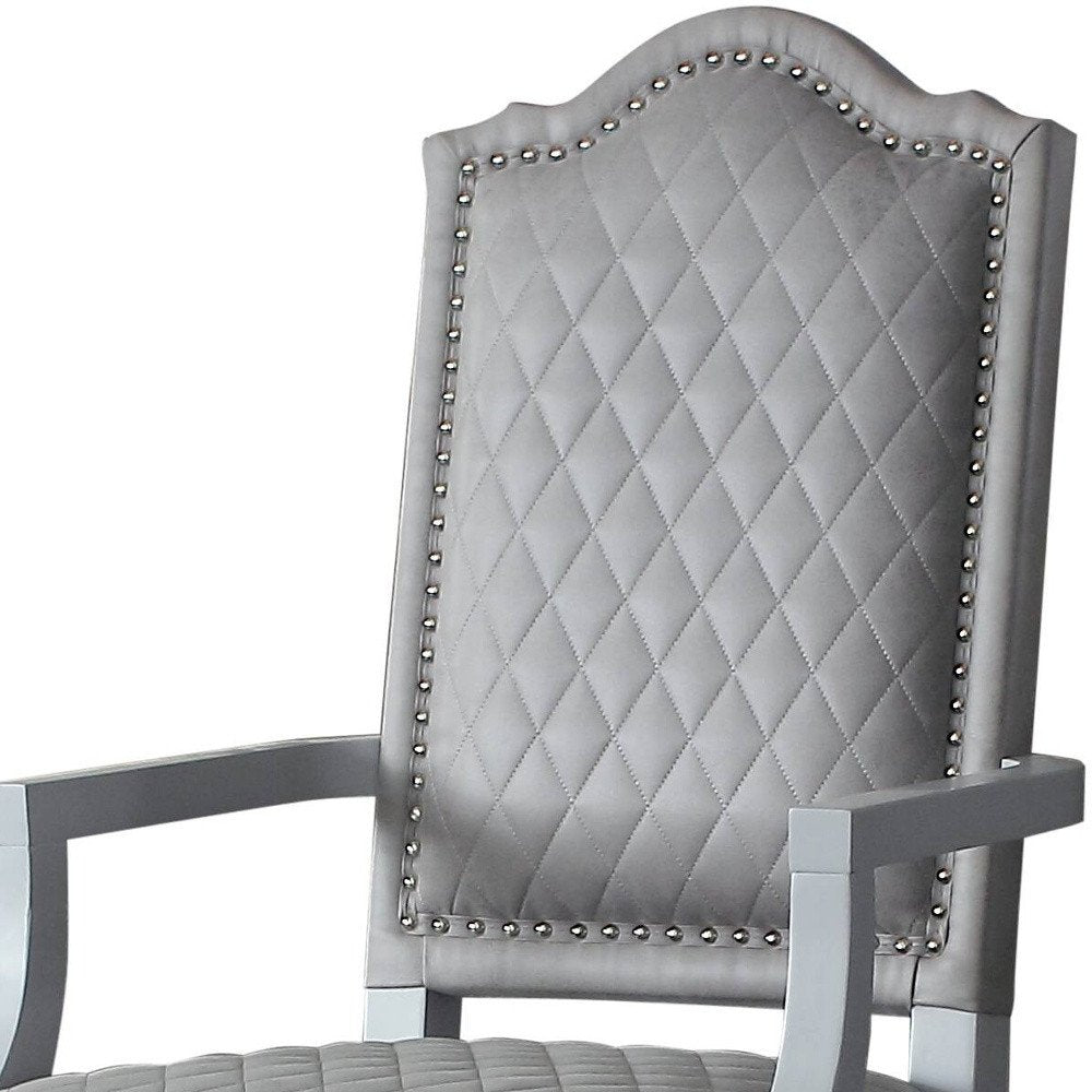 Set of Two Gray Tufted Fabric And Solid Wood Dining Arm Chairs