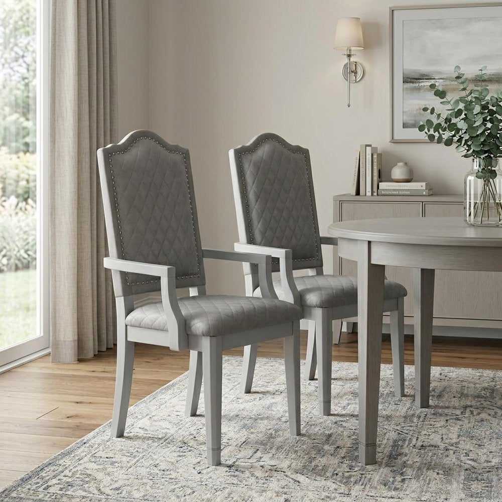 Set of Two Gray Tufted Fabric And Solid Wood Dining Arm Chairs