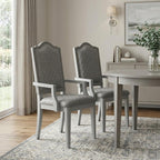 Set of Two Gray Tufted Fabric And Solid Wood Dining Arm Chairs