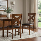 Set of Two Espresso And Walnut Faux Leather And Solid Wood Cross Back Dining Side Chairs