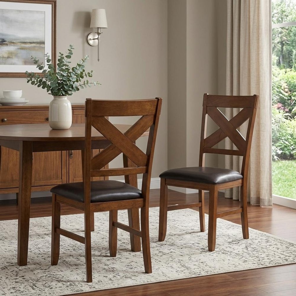 Set of Two Espresso And Walnut Faux Leather And Solid Wood Cross Back Dining Side Chairs