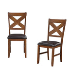 Set of Two Espresso And Walnut Faux Leather And Solid Wood Cross Back Dining Side Chairs