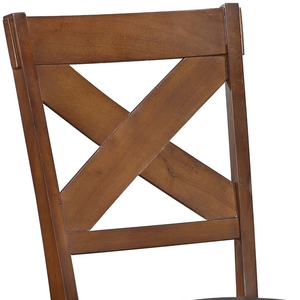 Set of Two Espresso And Walnut Faux Leather And Solid Wood Cross Back Dining Side Chairs