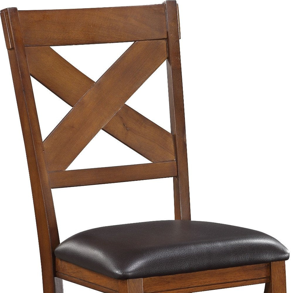 Set of Two Espresso And Walnut Faux Leather And Solid Wood Cross Back Dining Side Chairs