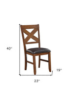 Set of Two Espresso And Walnut Faux Leather And Solid Wood Cross Back Dining Side Chairs