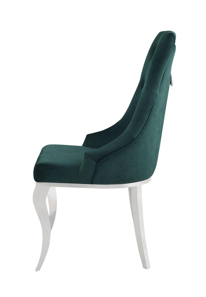 Set of Two Green And Silver Tufted Fabric And Stainless Steel Dining Side Chairs