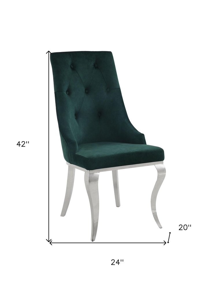 Set of Two Green And Silver Tufted Fabric And Stainless Steel Dining Side Chairs