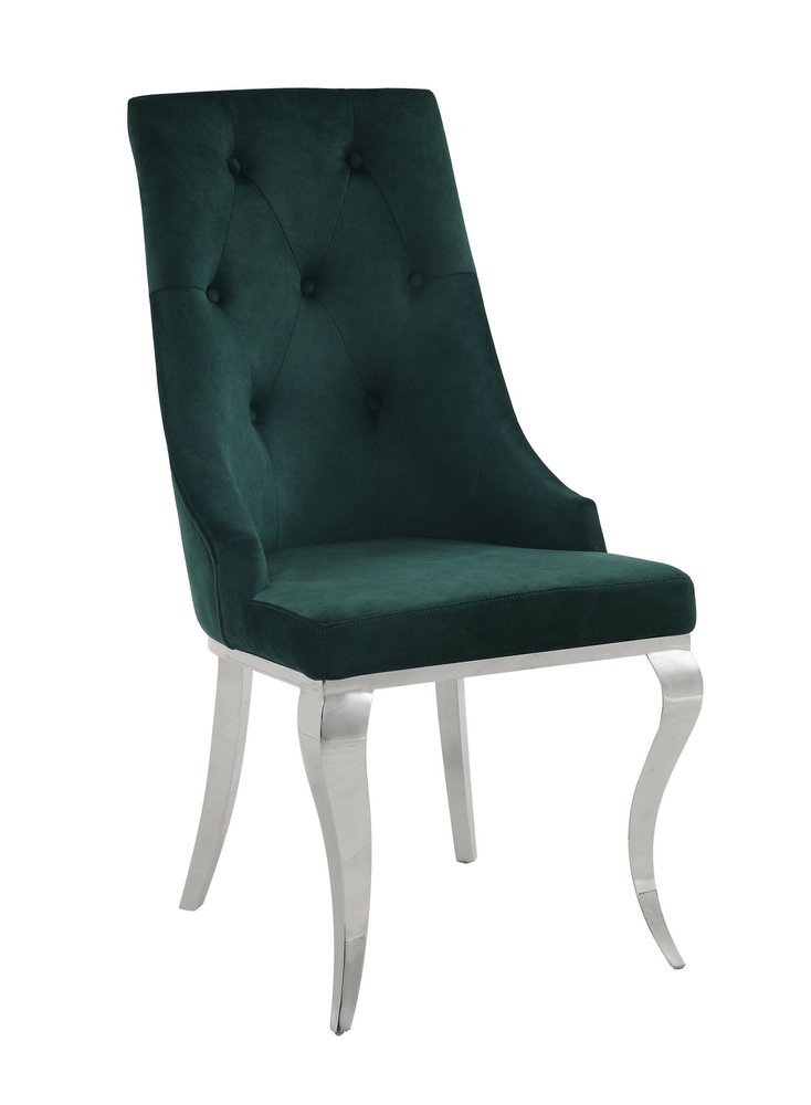 Set of Two Green And Silver Tufted Fabric And Stainless Steel Dining Side Chairs
