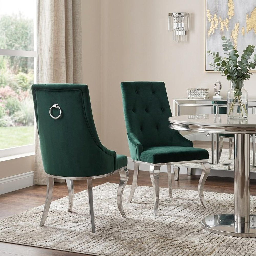 Set of Two Green And Silver Tufted Fabric And Stainless Steel Dining Side Chairs
