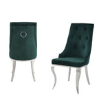 Set of Two Green And Silver Tufted Fabric And Stainless Steel Dining Side Chairs