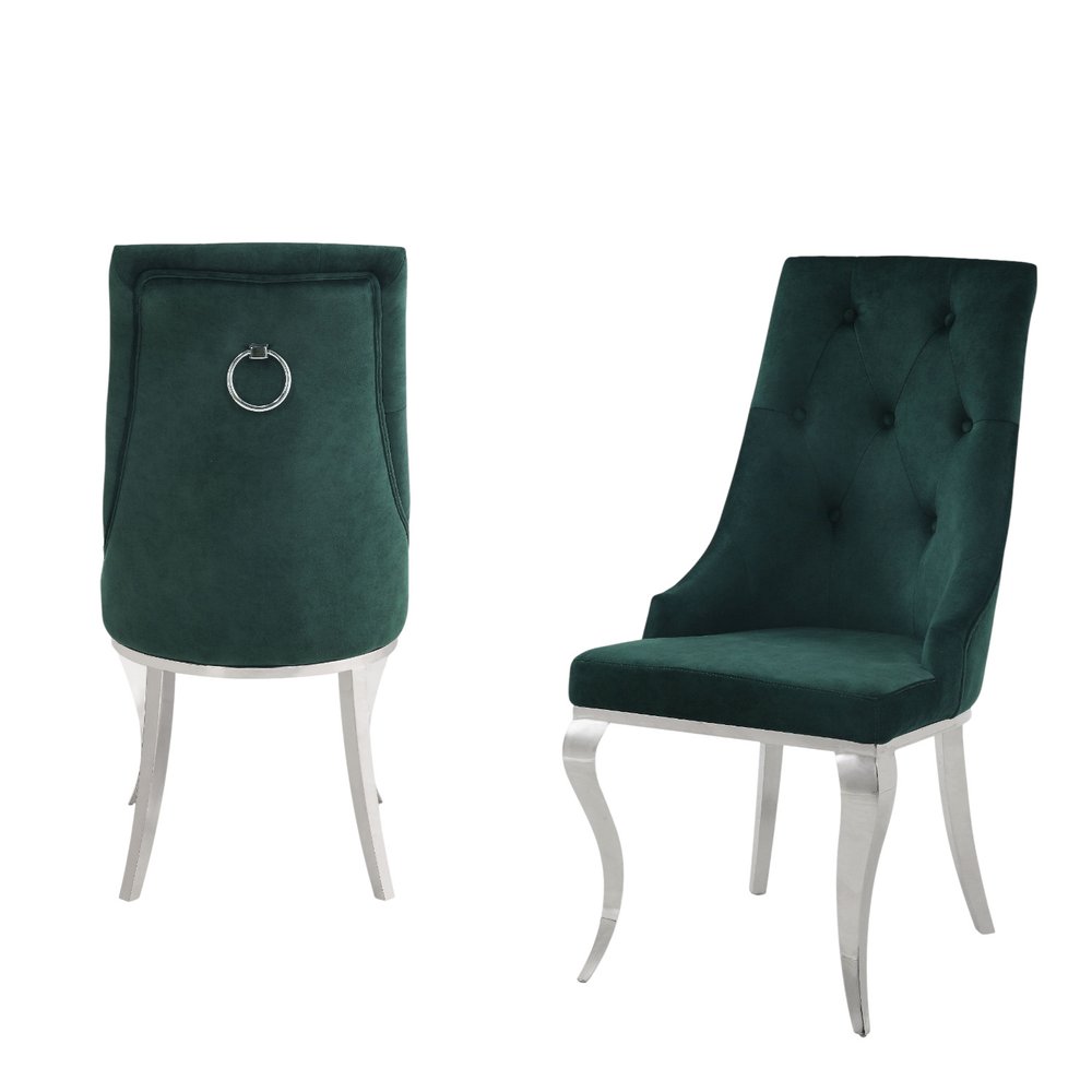 Set of Two Green And Silver Tufted Fabric And Stainless Steel Dining Side Chairs