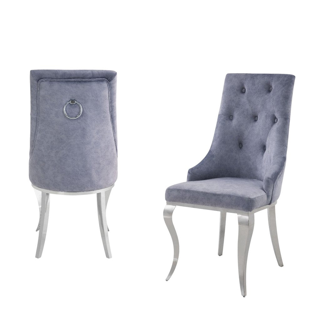 Set of Two Green And Silver Tufted Fabric And Stainless Steel Dining Side Chairs