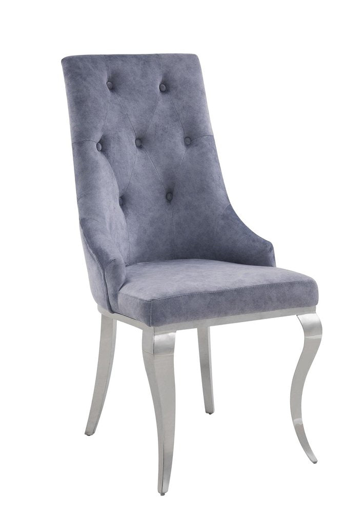 Set of Two Green And Silver Tufted Fabric And Stainless Steel Dining Side Chairs