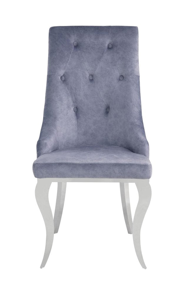 Set of Two Green And Silver Tufted Fabric And Stainless Steel Dining Side Chairs