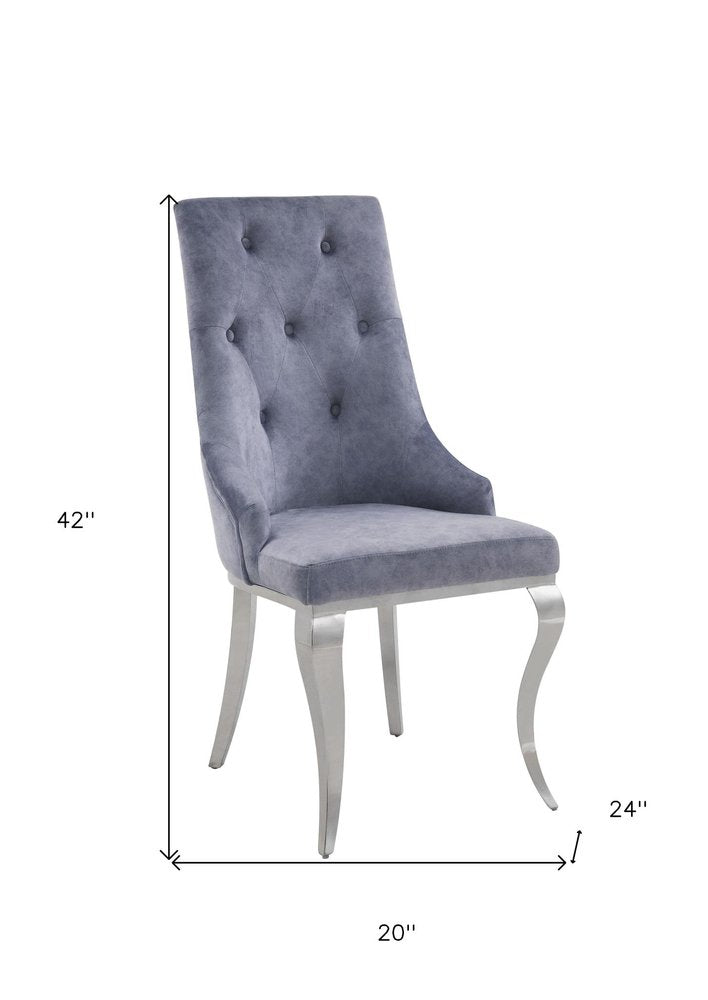 Set of Two Green And Silver Tufted Fabric And Stainless Steel Dining Side Chairs