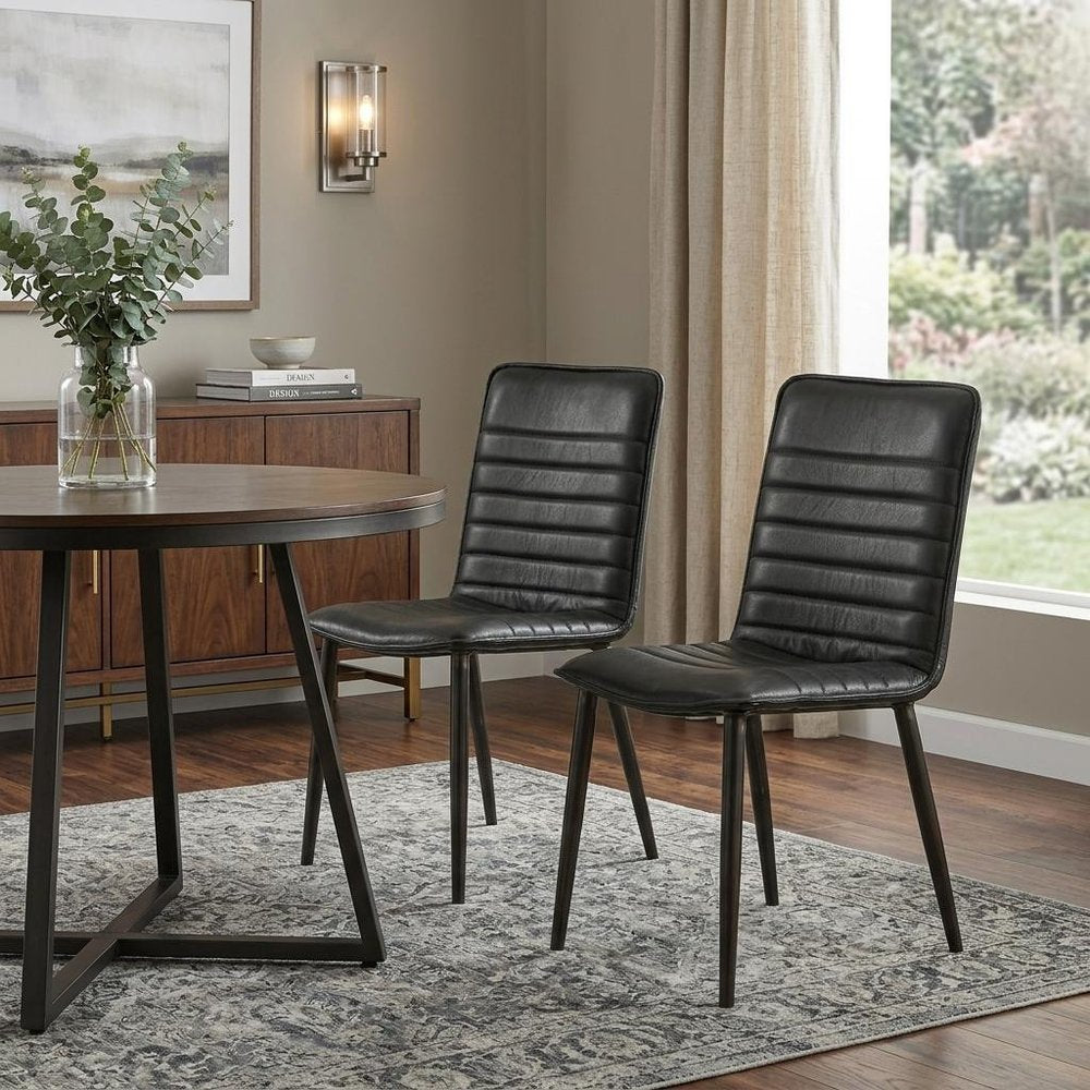 Set of Two Black Leather And Metal Dining Side Chairs