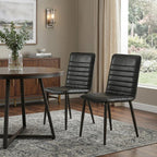 Set of Two Black Leather And Metal Dining Side Chairs
